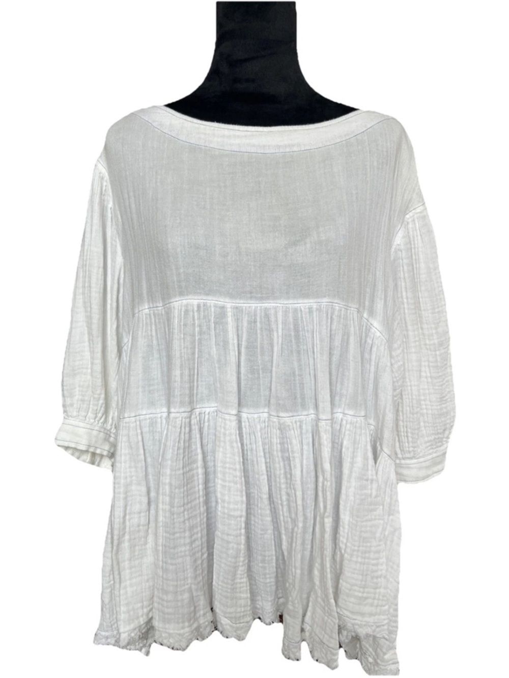 Free People SZ M White Gauze Peasant Tiered Baby Doll Ballon Sleeve Raw Hem Top